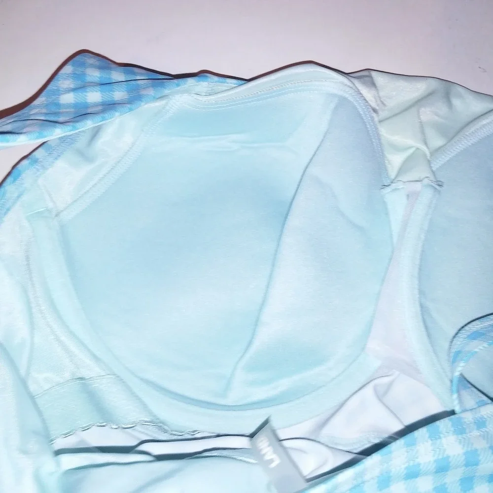 Lands End Swim Tankini Top Size 18W/L Blue Checkered Lightly Lined Underwire